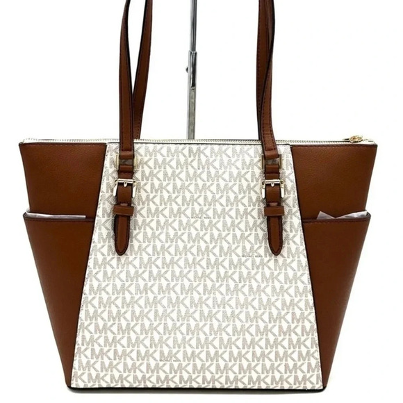 Michael Kors Large Charlotte Tote Bag Luggage Leather Vanilla - Picture 4 of 12